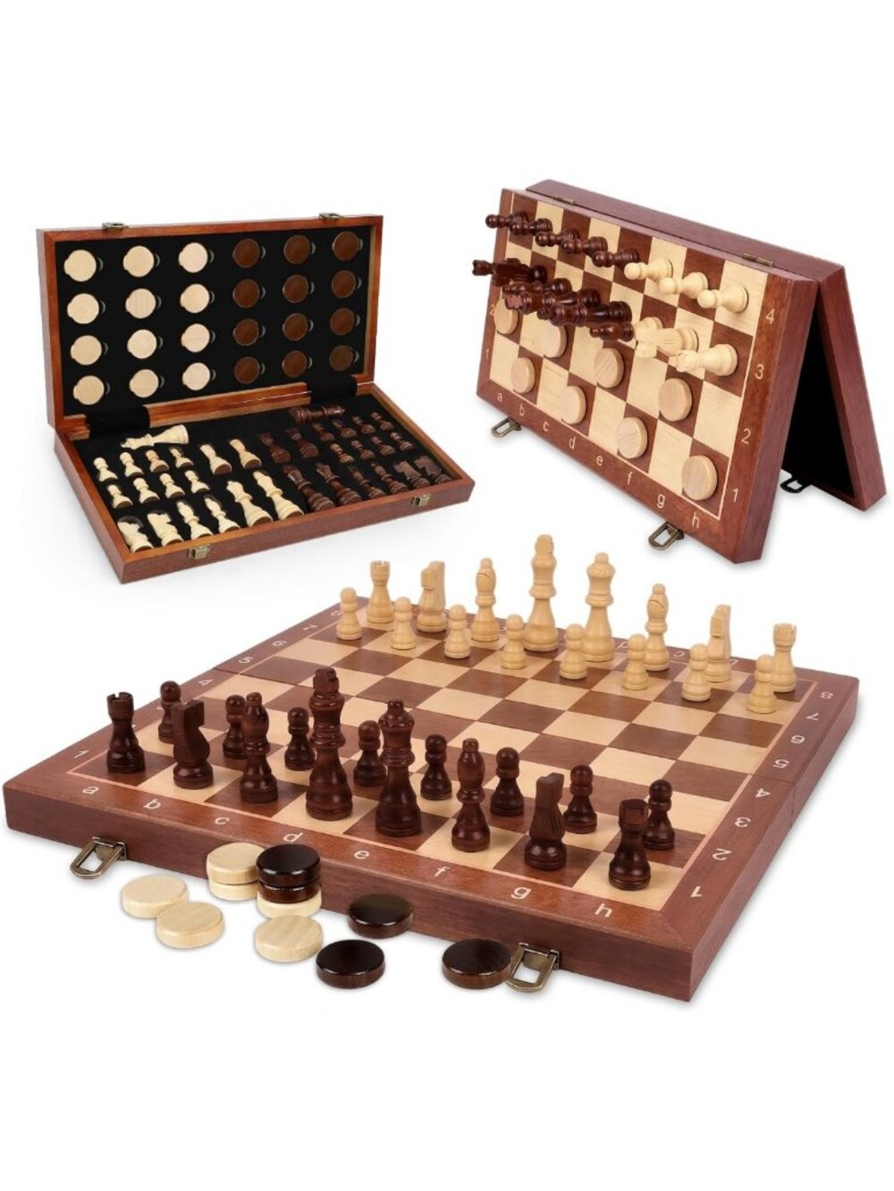 15-Inch Foldable Magnetic Wooden Chess & Checker Set - Sapele Board for Easy